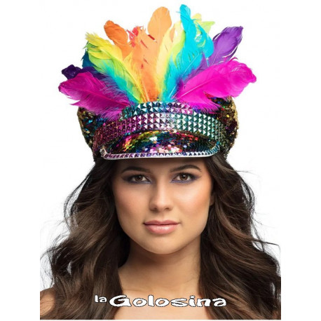 Gorra con plumas y lentejuelas arcoiris