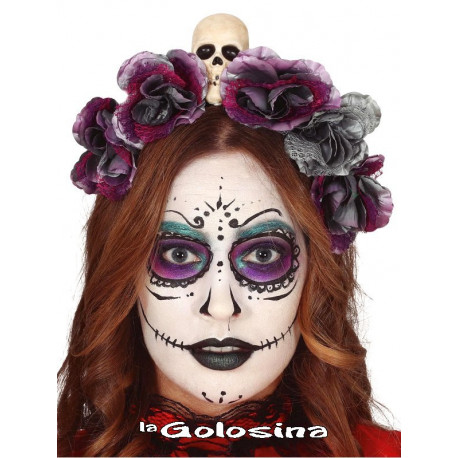 Diadema Flores grises con Calavera